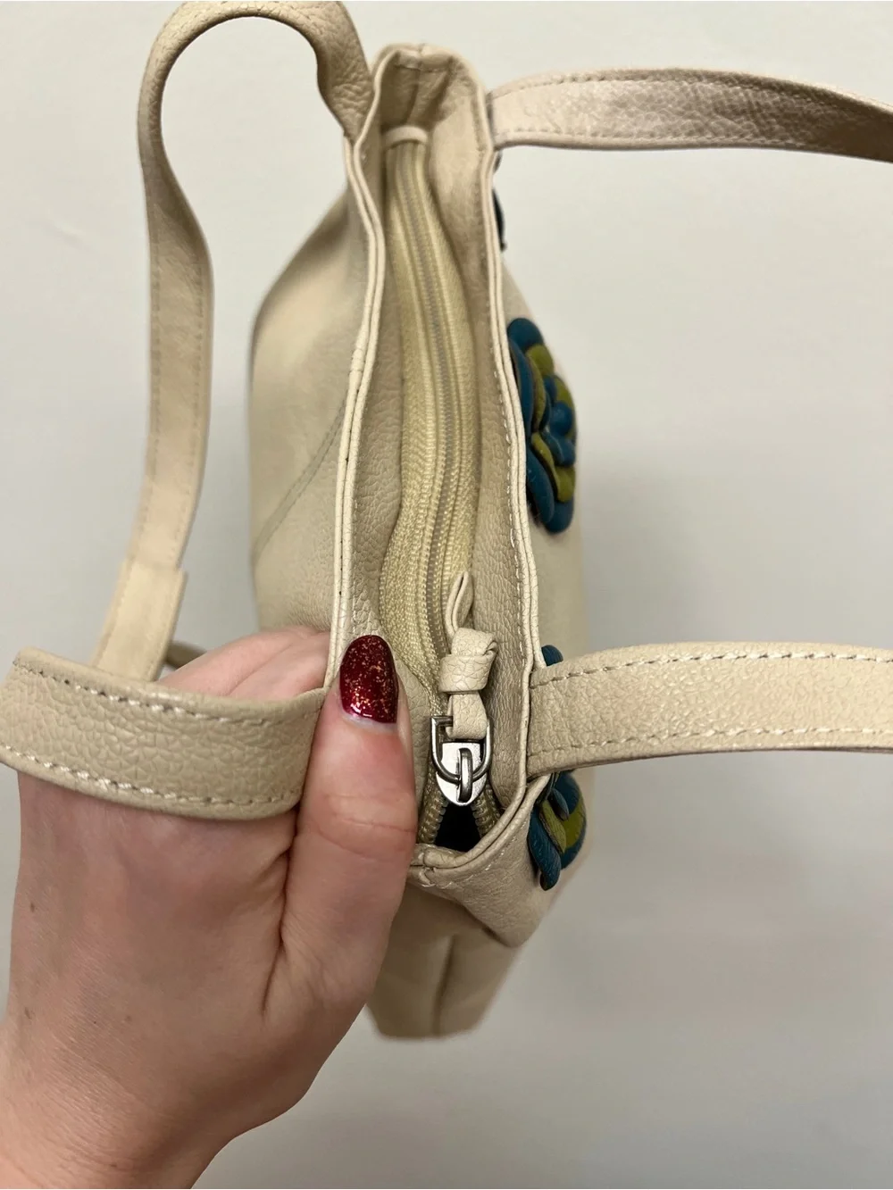Beige Leather Tote with leather Blue Floral Appliqué